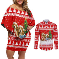Beagle Dashing Dog Christmas Couples Matching Off Shoulder Short Dress and Long Sleeve Button Shirt Xmas Holiday Patterns - Wonder Print Shop
