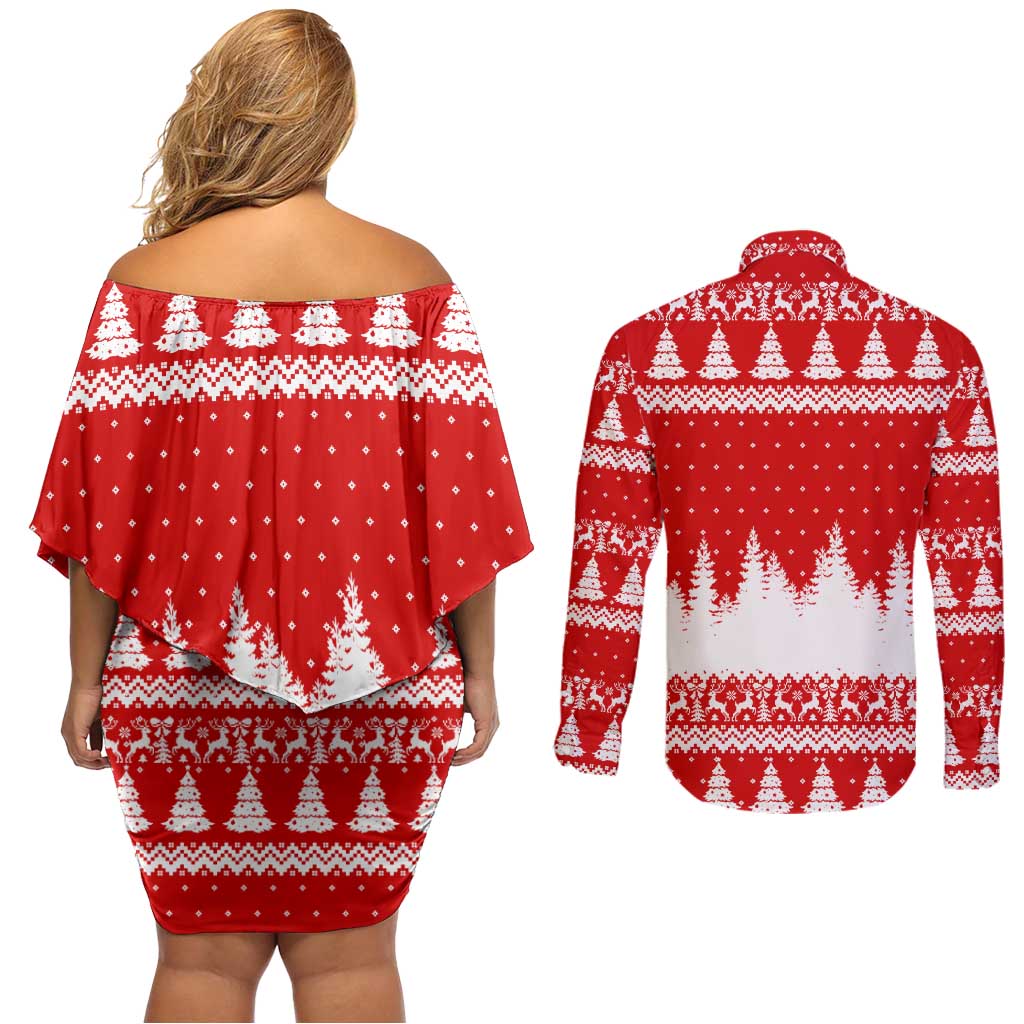 Beagle Dashing Dog Christmas Couples Matching Off Shoulder Short Dress and Long Sleeve Button Shirt Xmas Holiday Patterns - Wonder Print Shop