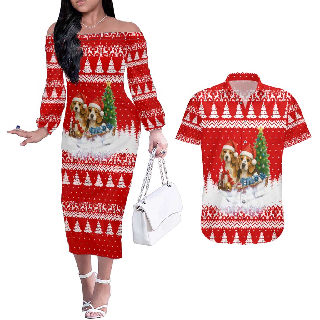 Beagle Dashing Dog Christmas Couples Matching Off The Shoulder Long Sleeve Dress and Hawaiian Shirt Xmas Holiday Patterns - Wonder Print Shop