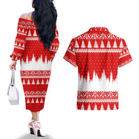 Beagle Dashing Dog Christmas Couples Matching Off The Shoulder Long Sleeve Dress and Hawaiian Shirt Xmas Holiday Patterns - Wonder Print Shop