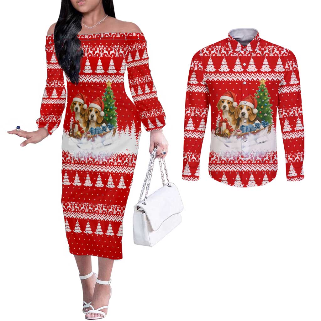 Beagle Dashing Dog Christmas Couples Matching Off The Shoulder Long Sleeve Dress and Long Sleeve Button Shirt Xmas Holiday Patterns - Wonder Print Shop