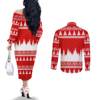 Beagle Dashing Dog Christmas Couples Matching Off The Shoulder Long Sleeve Dress and Long Sleeve Button Shirt Xmas Holiday Patterns - Wonder Print Shop