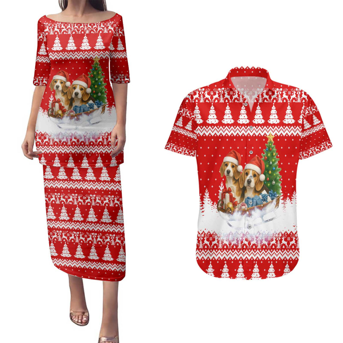 Beagle Dashing Dog Christmas Couples Matching Puletasi and Hawaiian Shirt Xmas Holiday Patterns - Wonder Print Shop