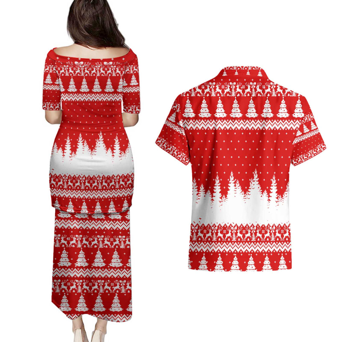 Beagle Dashing Dog Christmas Couples Matching Puletasi and Hawaiian Shirt Xmas Holiday Patterns - Wonder Print Shop