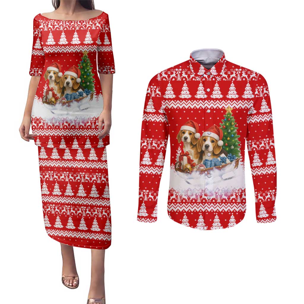 Beagle Dashing Dog Christmas Couples Matching Puletasi and Long Sleeve Button Shirt Xmas Holiday Patterns - Wonder Print Shop