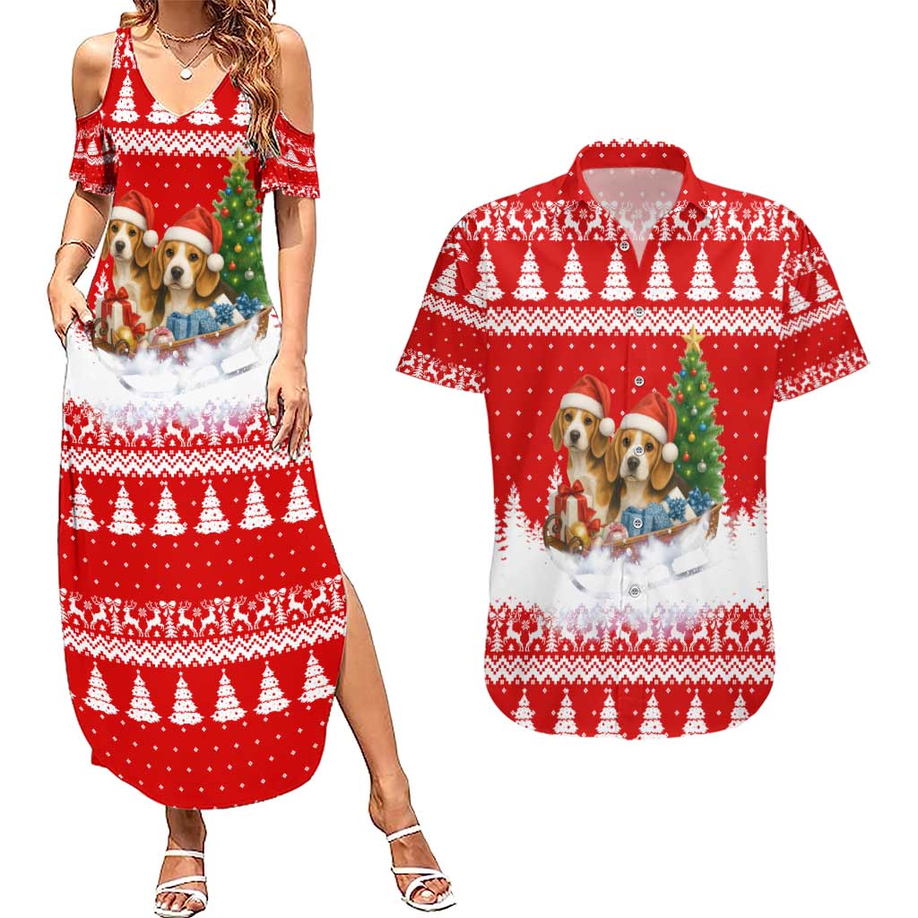 Beagle Dashing Dog Christmas Couples Matching Summer Maxi Dress and Hawaiian Shirt Xmas Holiday Patterns - Wonder Print Shop