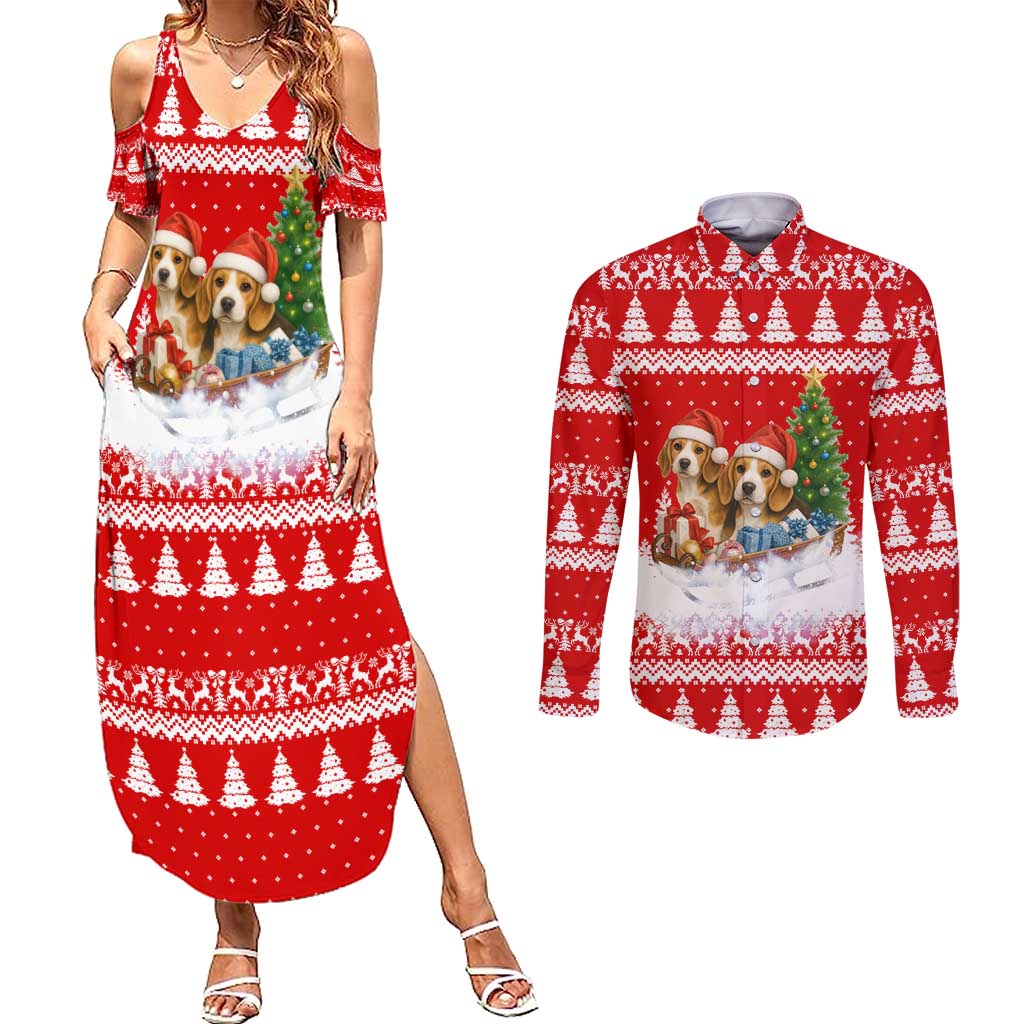 Beagle Dashing Dog Christmas Couples Matching Summer Maxi Dress and Long Sleeve Button Shirt Xmas Holiday Patterns - Wonder Print Shop