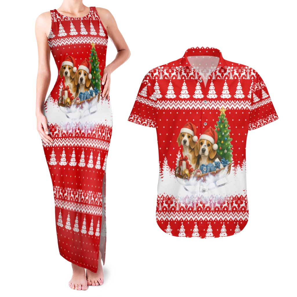 Beagle Dashing Dog Christmas Couples Matching Tank Maxi Dress and Hawaiian Shirt Xmas Holiday Patterns - Wonder Print Shop