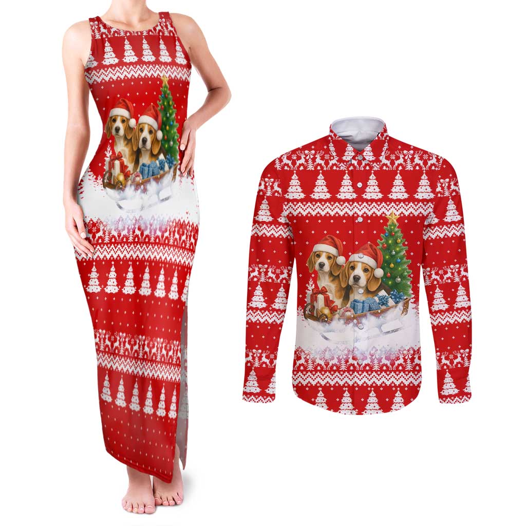 Beagle Dashing Dog Christmas Couples Matching Tank Maxi Dress and Long Sleeve Button Shirt Xmas Holiday Patterns - Wonder Print Shop