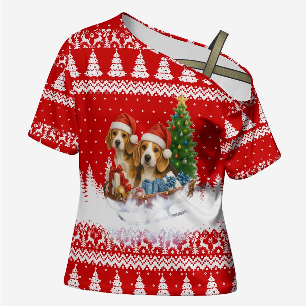 Beagle Dashing Dog Christmas Cross Shoulder Shirt Xmas Holiday Patterns - Wonder Print Shop