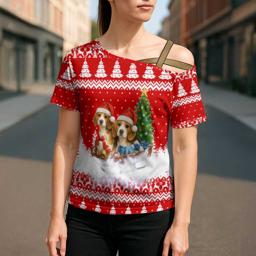 Beagle Dashing Dog Christmas Cross Shoulder Shirt Xmas Holiday Patterns - Wonder Print Shop