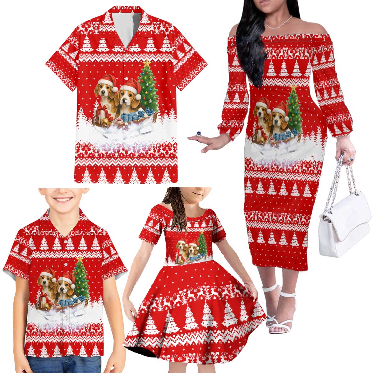 Beagle Dashing Dog Christmas Family Matching Off The Shoulder Long Sleeve Dress and Hawaiian Shirt Xmas Holiday Patterns - Wonder Print Shop