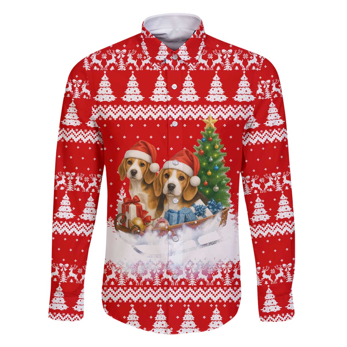Beagle Dashing Dog Christmas Family Matching Off The Shoulder Long Sleeve Dress and Hawaiian Shirt Xmas Holiday Patterns - Wonder Print Shop