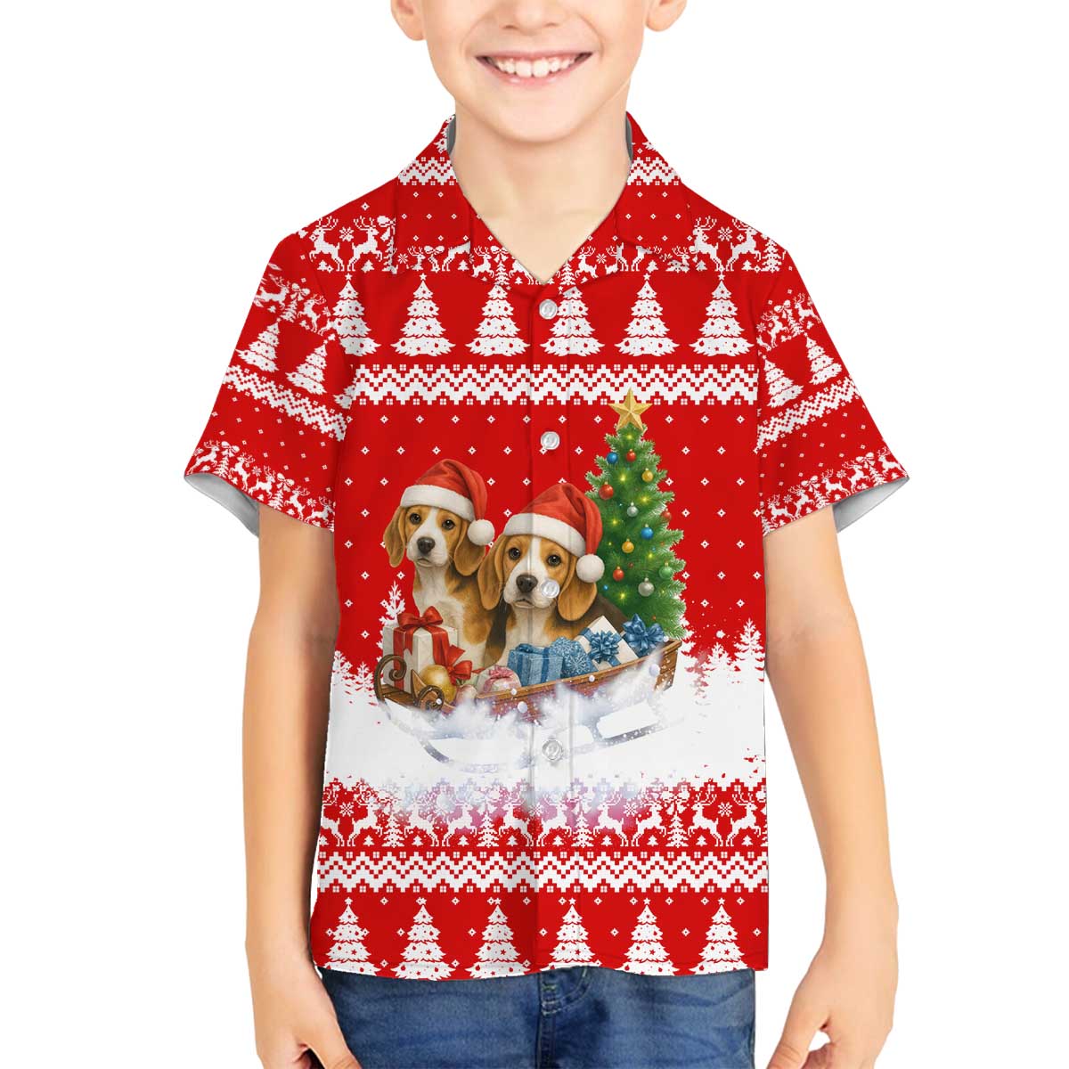 Beagle Dashing Dog Christmas Family Matching Off The Shoulder Long Sleeve Dress and Hawaiian Shirt Xmas Holiday Patterns - Wonder Print Shop