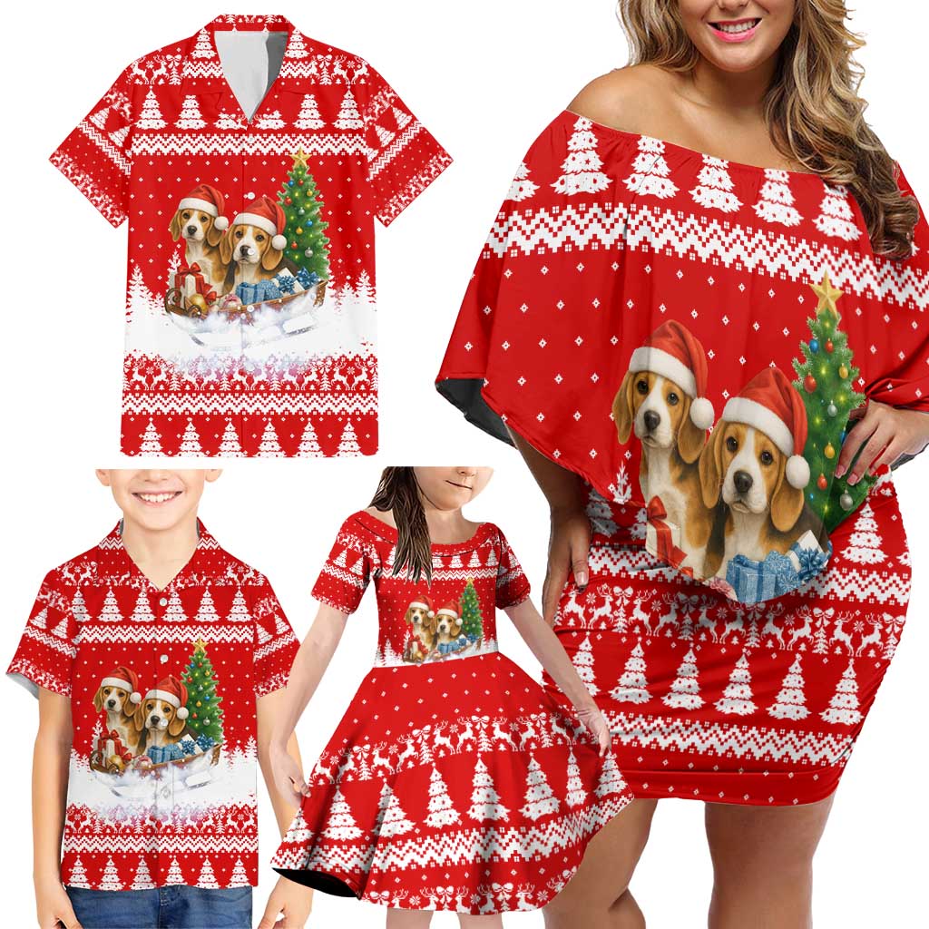 Beagle Dashing Dog Christmas Family Matching Off Shoulder Short Dress and Hawaiian Shirt Xmas Holiday Patterns - Wonder Print Shop