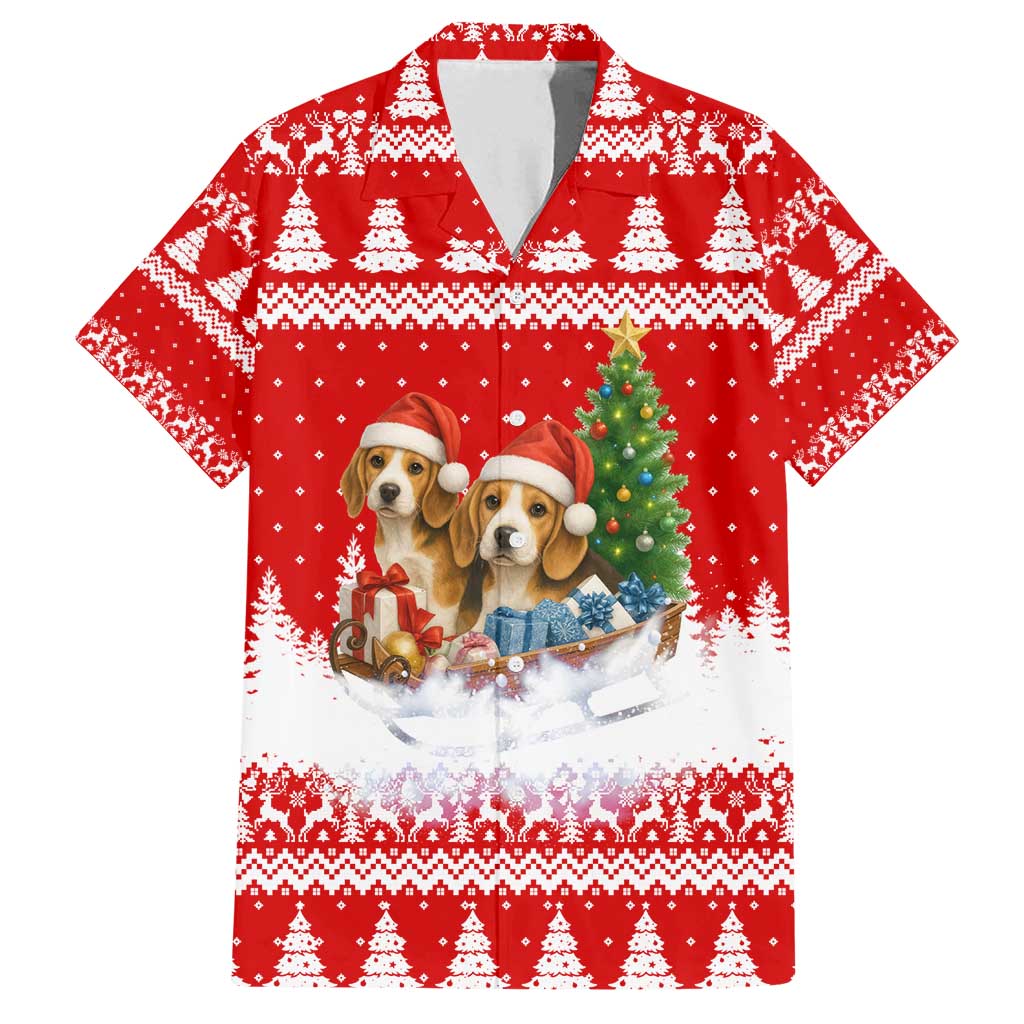Beagle Dashing Dog Christmas Family Matching Off Shoulder Short Dress and Hawaiian Shirt Xmas Holiday Patterns - Wonder Print Shop