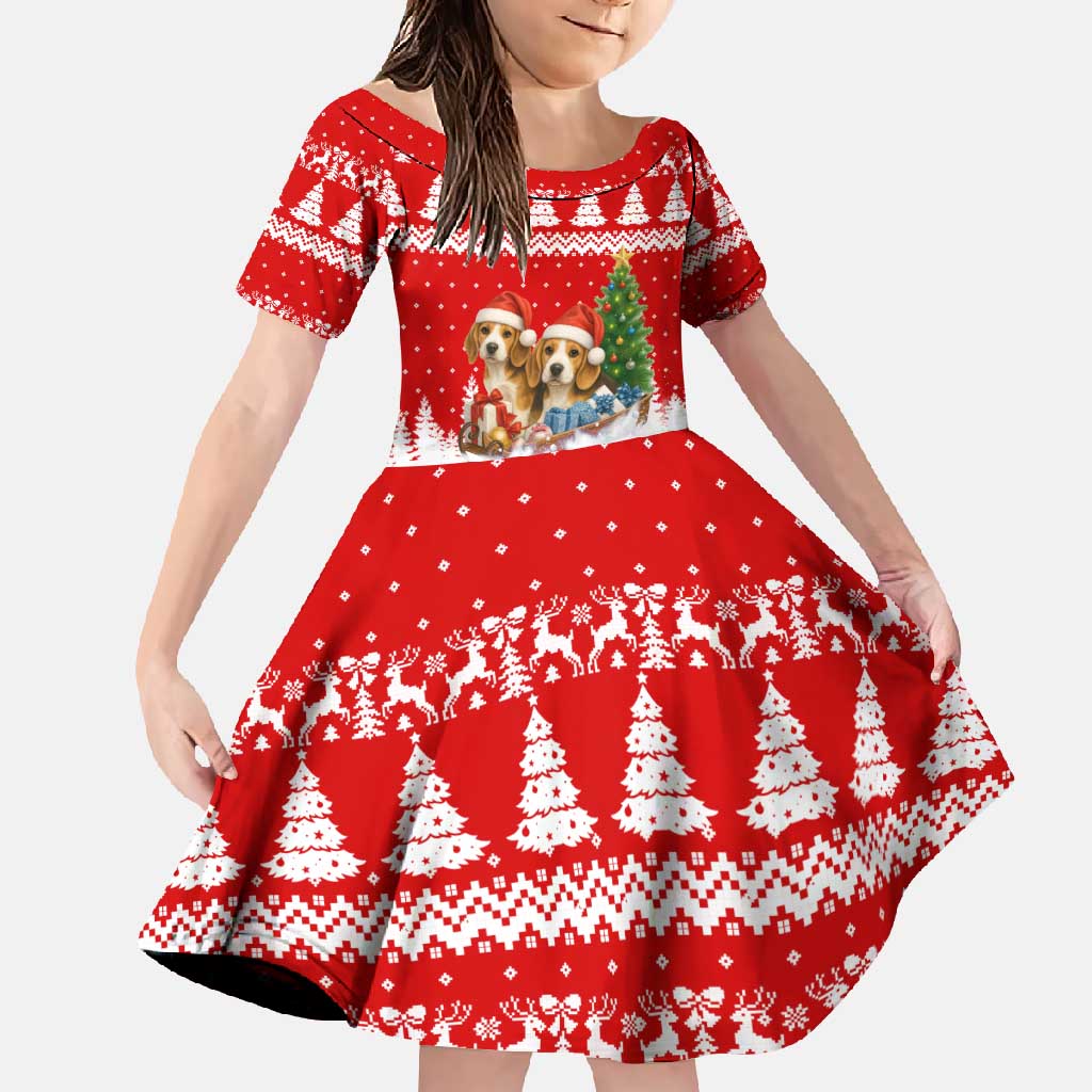 Beagle Dashing Dog Christmas Family Matching Short Sleeve Bodycon Dress and Hawaiian Shirt Xmas Holiday Patterns - Wonder Print Shop