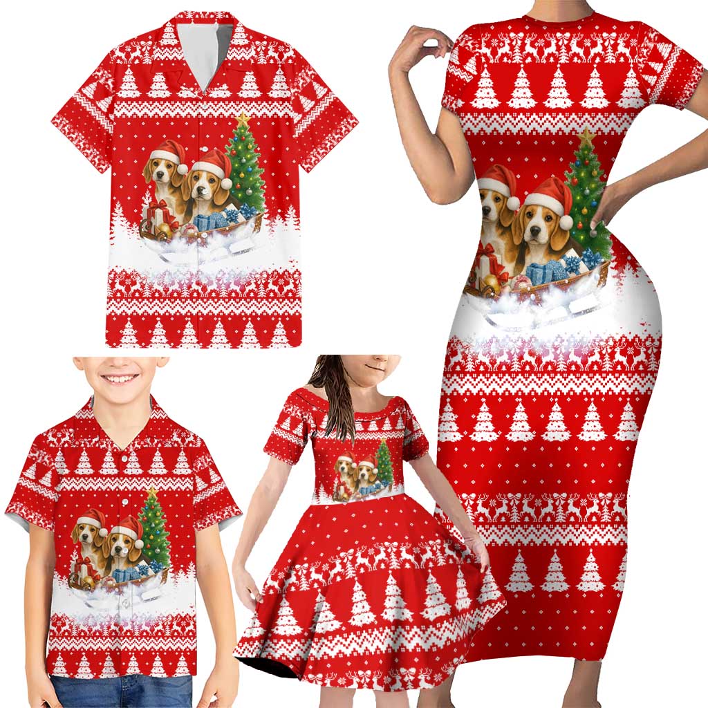 Beagle Dashing Dog Christmas Family Matching Short Sleeve Bodycon Dress and Hawaiian Shirt Xmas Holiday Patterns - Wonder Print Shop