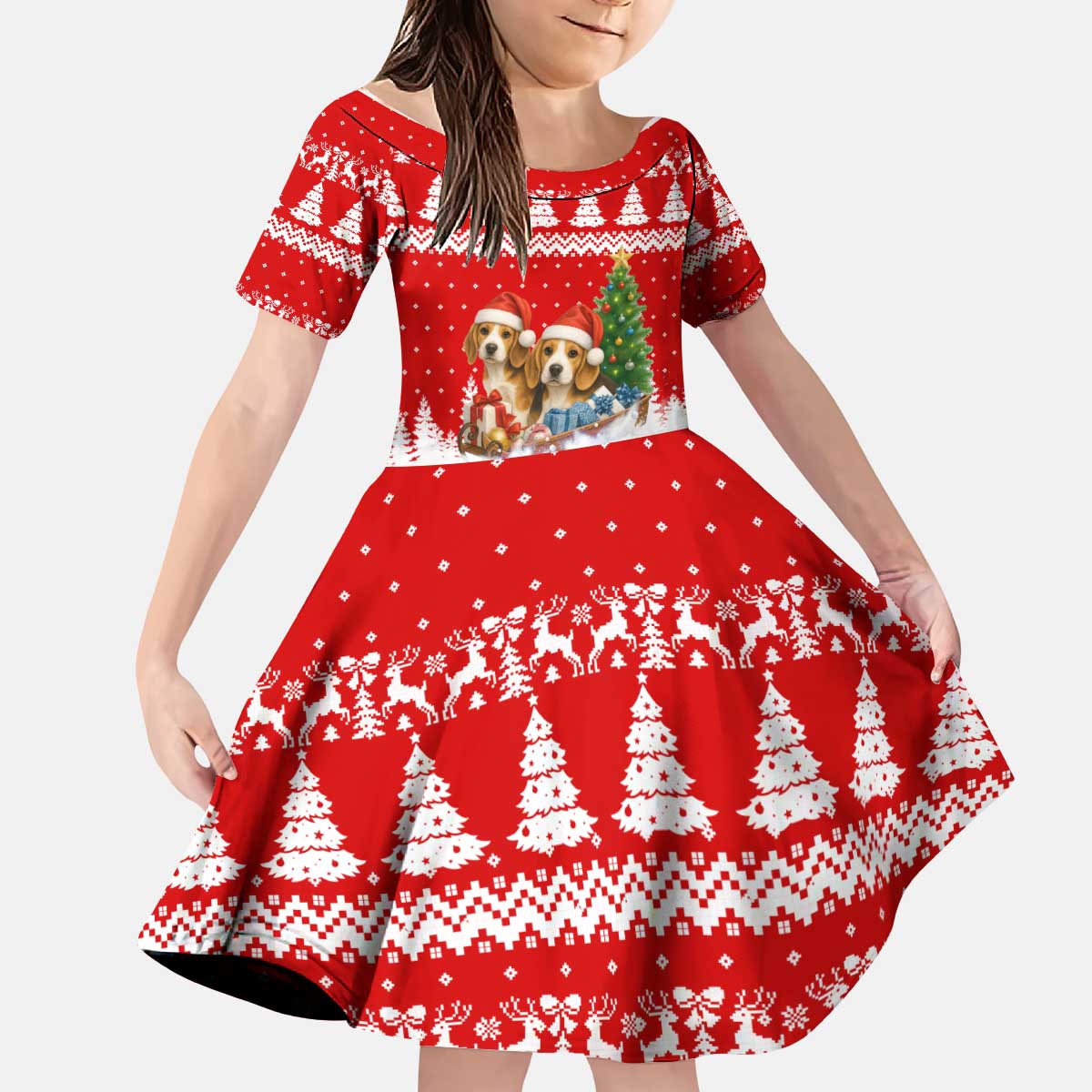 Beagle Dashing Dog Christmas Kid Short Sleeve Dress Xmas Holiday Patterns - Wonder Print Shop