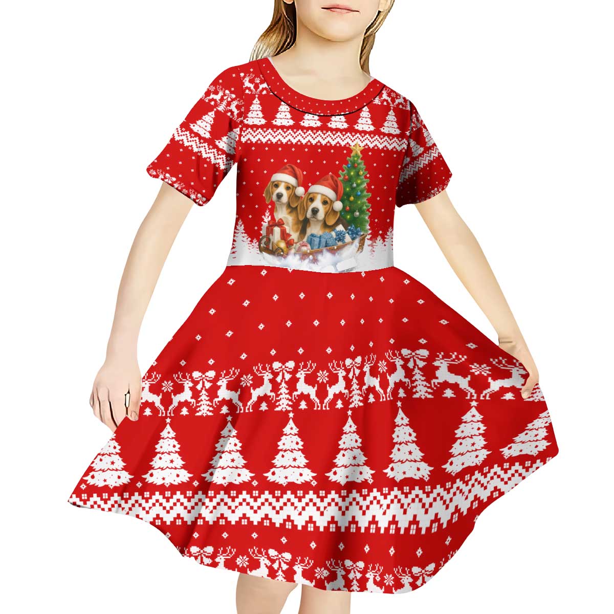 Beagle Dashing Dog Christmas Kid Short Sleeve Dress Xmas Holiday Patterns - Wonder Print Shop