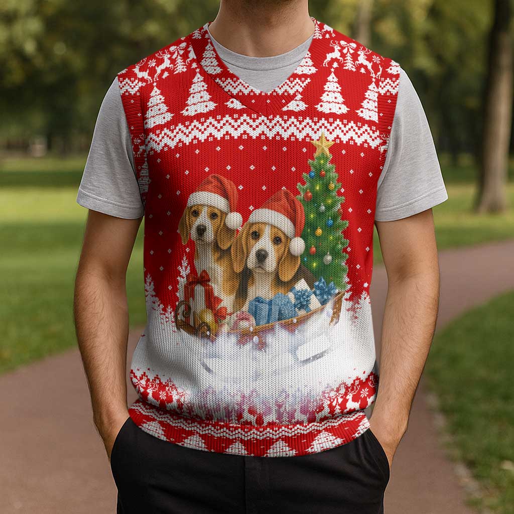 Beagle Dashing Dog Christmas Knitted V-Neck Vest Xmas Holiday Patterns - Wonder Print Shop