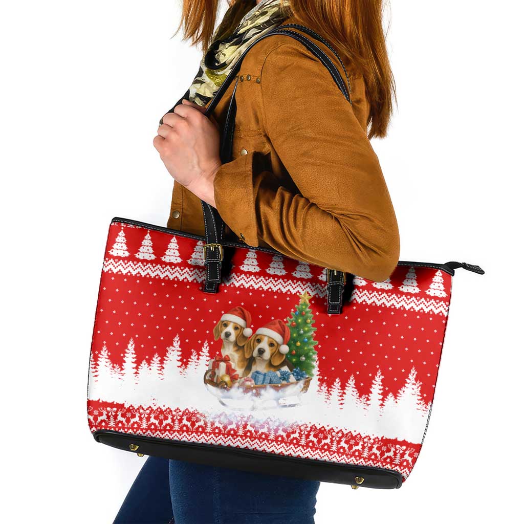 Beagle Dashing Dog Christmas Leather Tote Bag Xmas Holiday Patterns - Wonder Print Shop