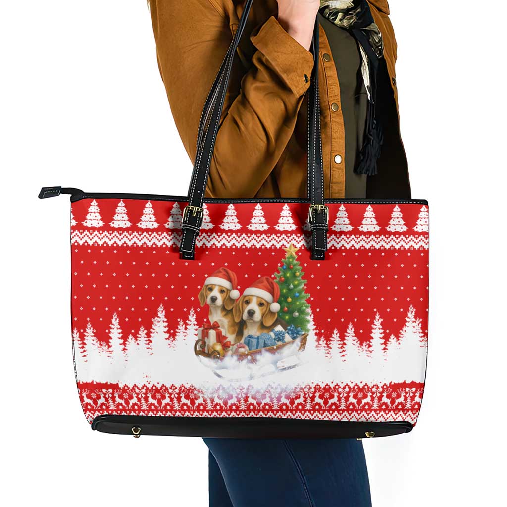 Beagle Dashing Dog Christmas Leather Tote Bag Xmas Holiday Patterns - Wonder Print Shop
