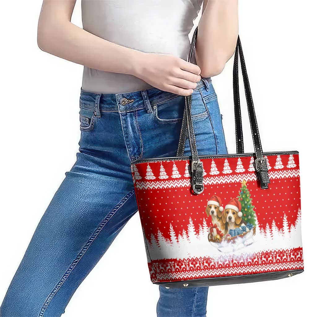 Beagle Dashing Dog Christmas Leather Tote Bag Xmas Holiday Patterns - Wonder Print Shop