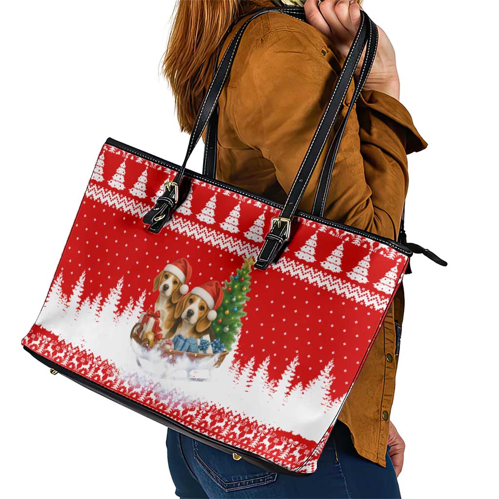 Beagle Dashing Dog Christmas Leather Tote Bag Xmas Holiday Patterns - Wonder Print Shop