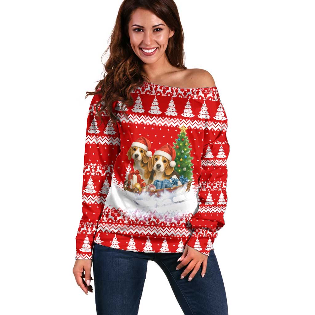 Beagle Dashing Dog Christmas Off Shoulder Sweater Xmas Holiday Patterns - Wonder Print Shop