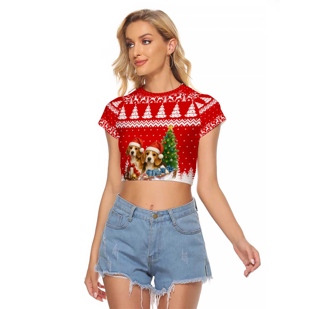 Beagle Dashing Dog Christmas Raglan Cropped T Shirt Xmas Holiday Patterns - Wonder Print Shop