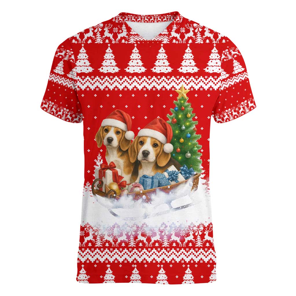 Beagle Dashing Dog Christmas Women V-Neck T-Shirt Xmas Holiday Patterns - Wonder Print Shop