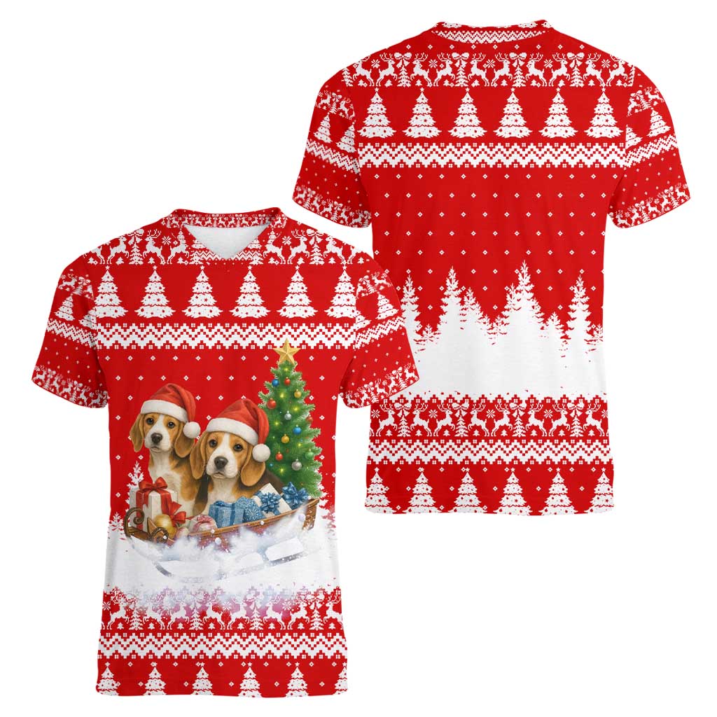 Beagle Dashing Dog Christmas Women V-Neck T-Shirt Xmas Holiday Patterns - Wonder Print Shop