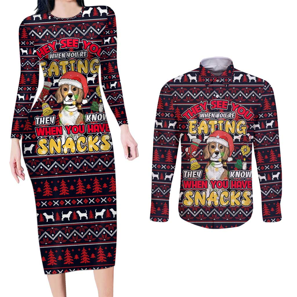 Beagle Dog They Know When You Have Snacks Christmas Couples Matching Long Sleeve Bodycon Dress and Long Sleeve Button Shirt Xmas Holiday Patterns - Wonder Print Shop