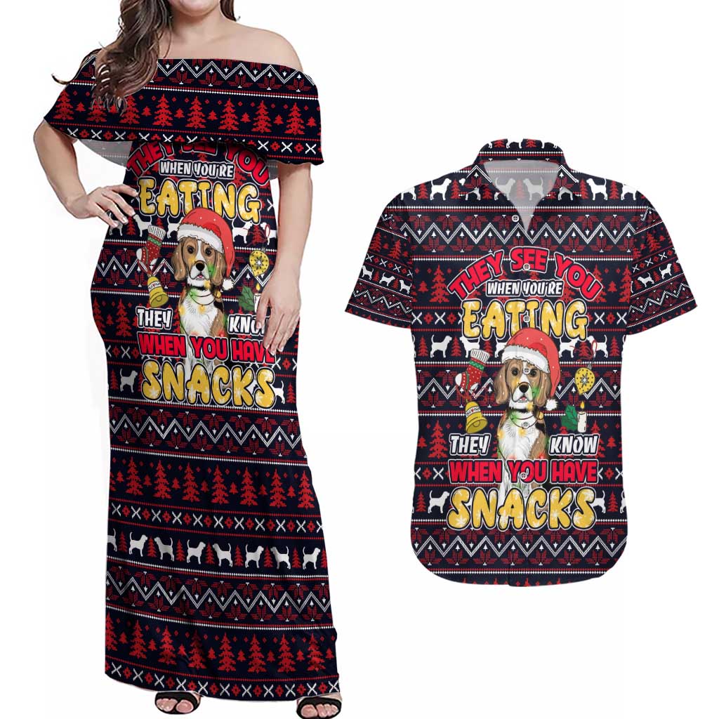 Beagle Dog They Know When You Have Snacks Christmas Couples Matching Off Shoulder Maxi Dress and Hawaiian Shirt Xmas Holiday Patterns - Wonder Print Shop