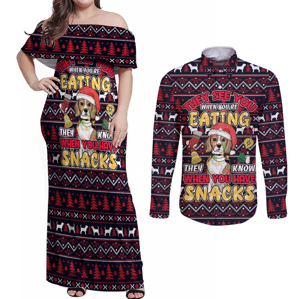 Beagle Dog They Know When You Have Snacks Christmas Couples Matching Off Shoulder Maxi Dress and Long Sleeve Button Shirt Xmas Holiday Patterns - Wonder Print Shop
