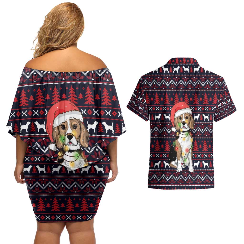 Beagle Dog They Know When You Have Snacks Christmas Couples Matching Off Shoulder Short Dress and Hawaiian Shirt Xmas Holiday Patterns - Wonder Print Shop