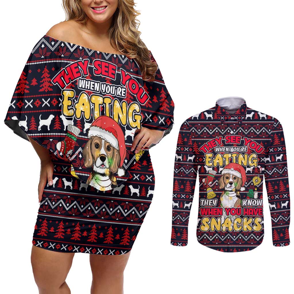 Beagle Dog They Know When You Have Snacks Christmas Couples Matching Off Shoulder Short Dress and Long Sleeve Button Shirt Xmas Holiday Patterns - Wonder Print Shop