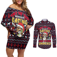 Beagle Dog They Know When You Have Snacks Christmas Couples Matching Off Shoulder Short Dress and Long Sleeve Button Shirt Xmas Holiday Patterns - Wonder Print Shop