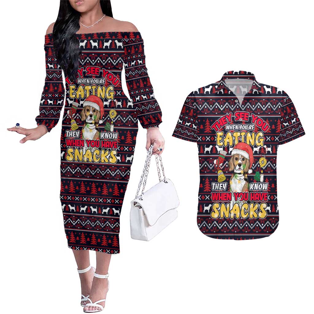 Beagle Dog They Know When You Have Snacks Christmas Couples Matching Off The Shoulder Long Sleeve Dress and Hawaiian Shirt Xmas Holiday Patterns - Wonder Print Shop