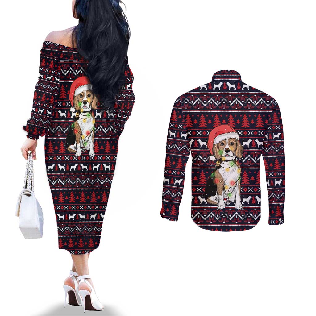 Beagle Dog They Know When You Have Snacks Christmas Couples Matching Off The Shoulder Long Sleeve Dress and Long Sleeve Button Shirt Xmas Holiday Patterns - Wonder Print Shop