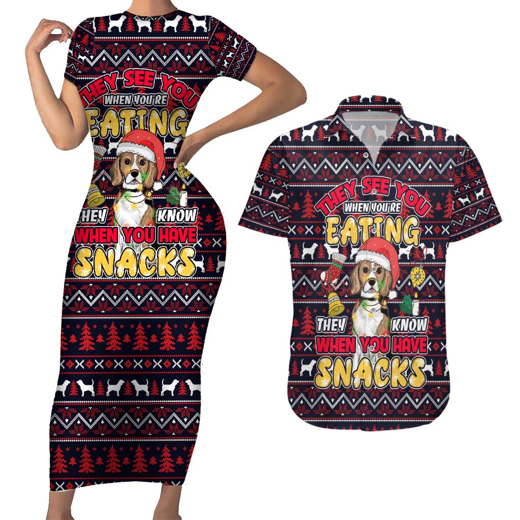 Beagle Dog They Know When You Have Snacks Christmas Couples Matching Short Sleeve Bodycon Dress and Hawaiian Shirt Xmas Holiday Patterns - Wonder Print Shop