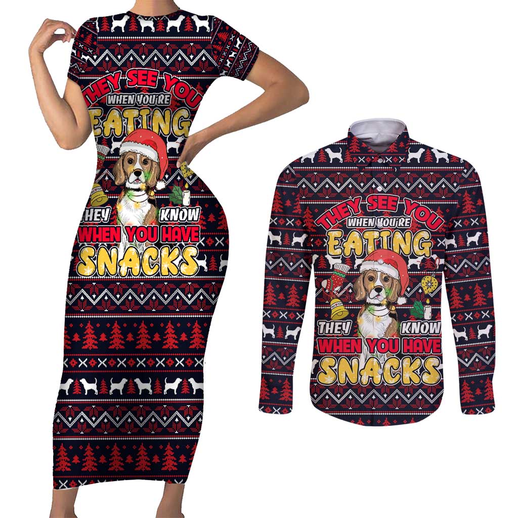 Beagle Dog They Know When You Have Snacks Christmas Couples Matching Short Sleeve Bodycon Dress and Long Sleeve Button Shirt Xmas Holiday Patterns - Wonder Print Shop
