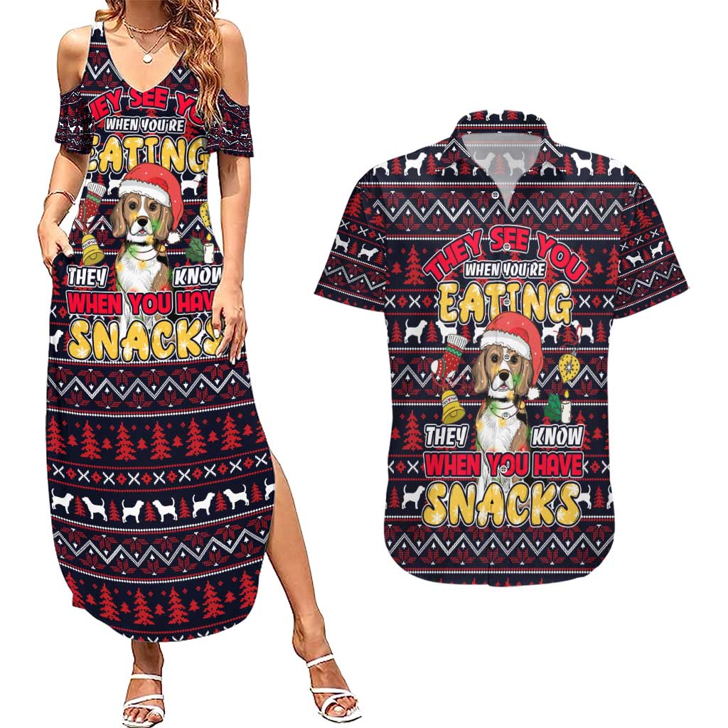 Beagle Dog They Know When You Have Snacks Christmas Couples Matching Summer Maxi Dress and Hawaiian Shirt Xmas Holiday Patterns - Wonder Print Shop