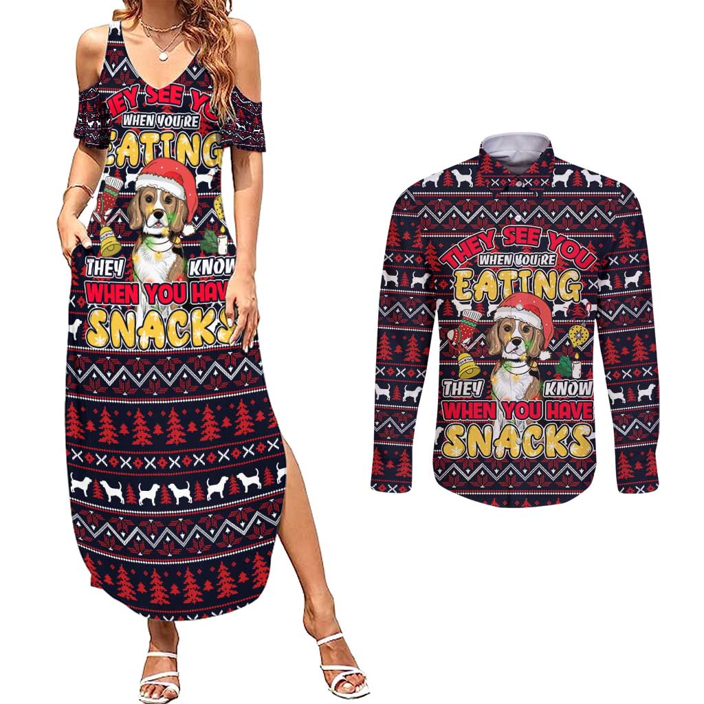 Beagle Dog They Know When You Have Snacks Christmas Couples Matching Summer Maxi Dress and Long Sleeve Button Shirt Xmas Holiday Patterns - Wonder Print Shop