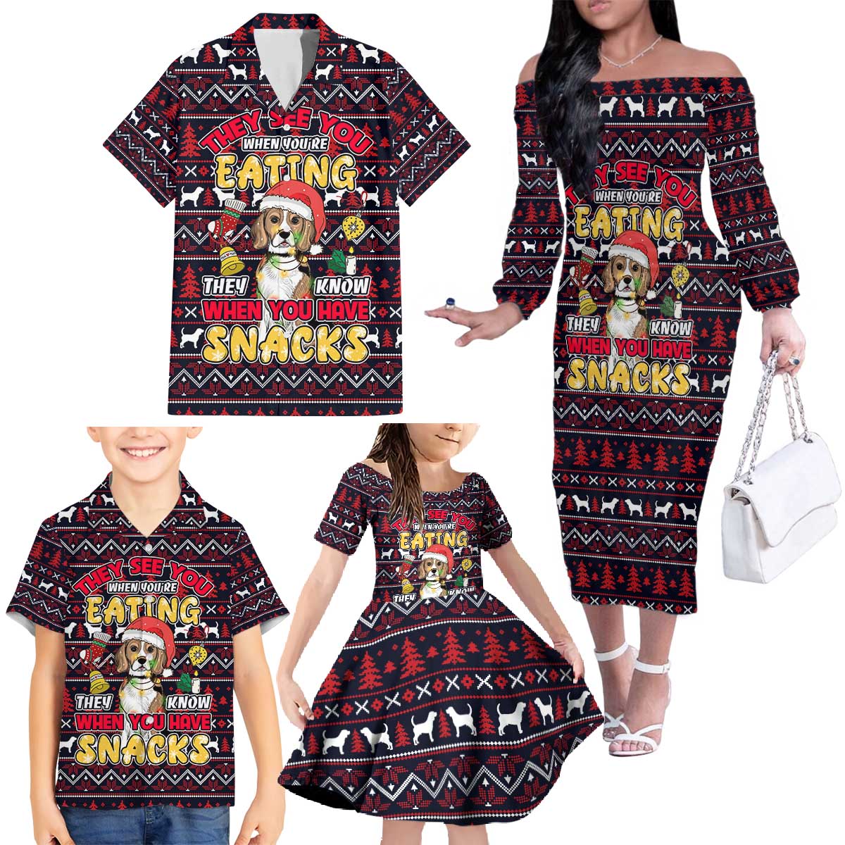 Beagle Dog They Know When You Have Snacks Christmas Family Matching Off The Shoulder Long Sleeve Dress and Hawaiian Shirt Xmas Holiday Patterns - Wonder Print Shop