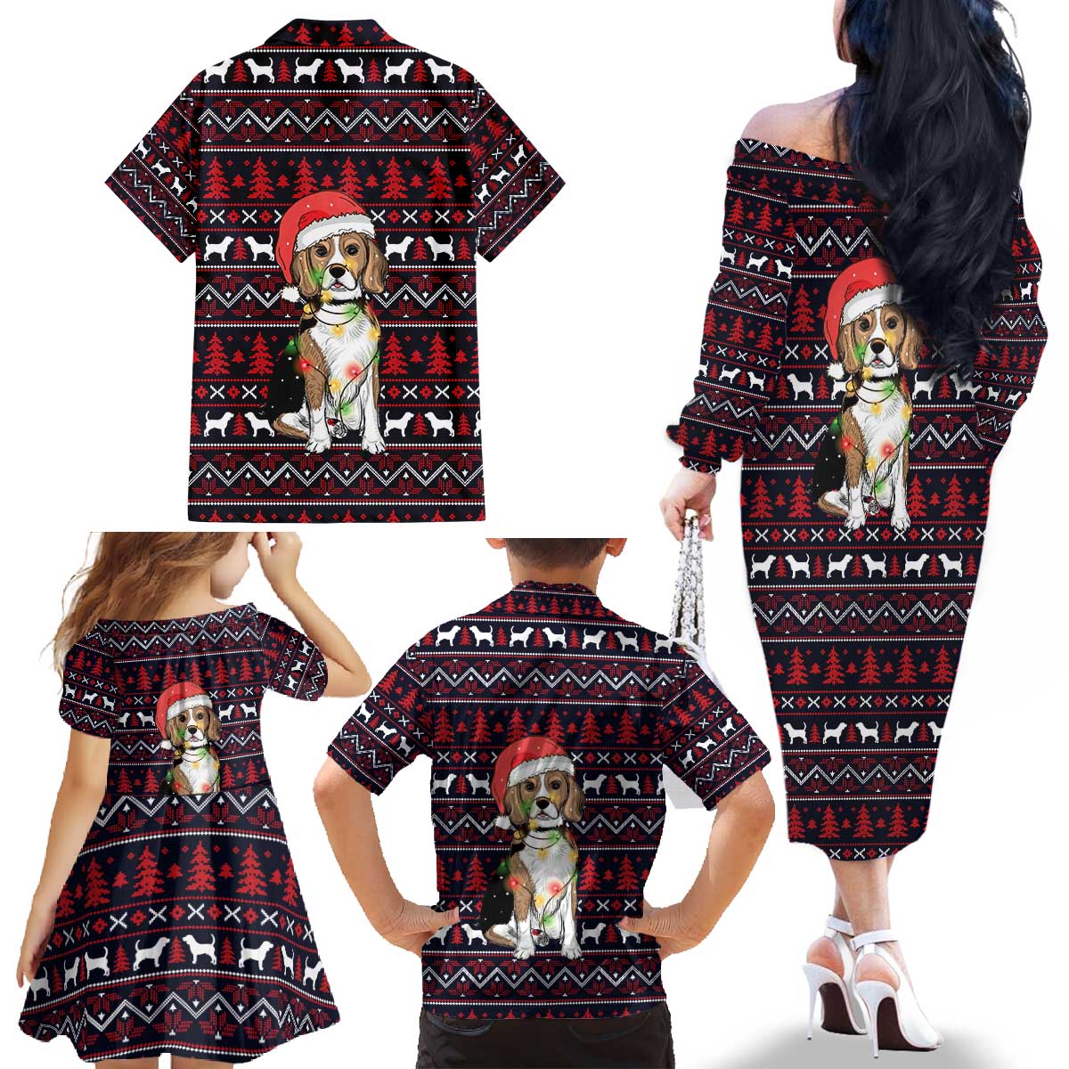 Beagle Dog They Know When You Have Snacks Christmas Family Matching Off The Shoulder Long Sleeve Dress and Hawaiian Shirt Xmas Holiday Patterns - Wonder Print Shop