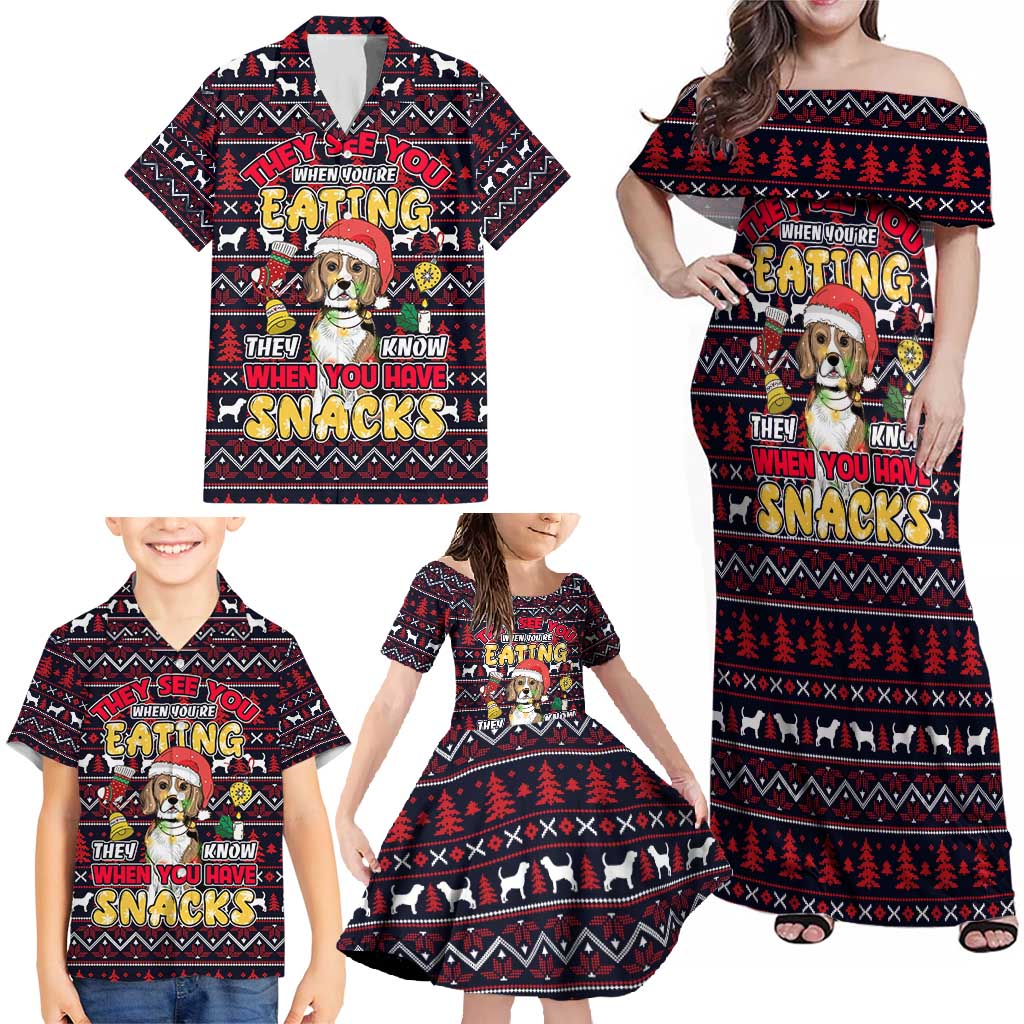 Beagle Dog They Know When You Have Snacks Christmas Family Matching Off Shoulder Maxi Dress and Hawaiian Shirt Xmas Holiday Patterns - Wonder Print Shop
