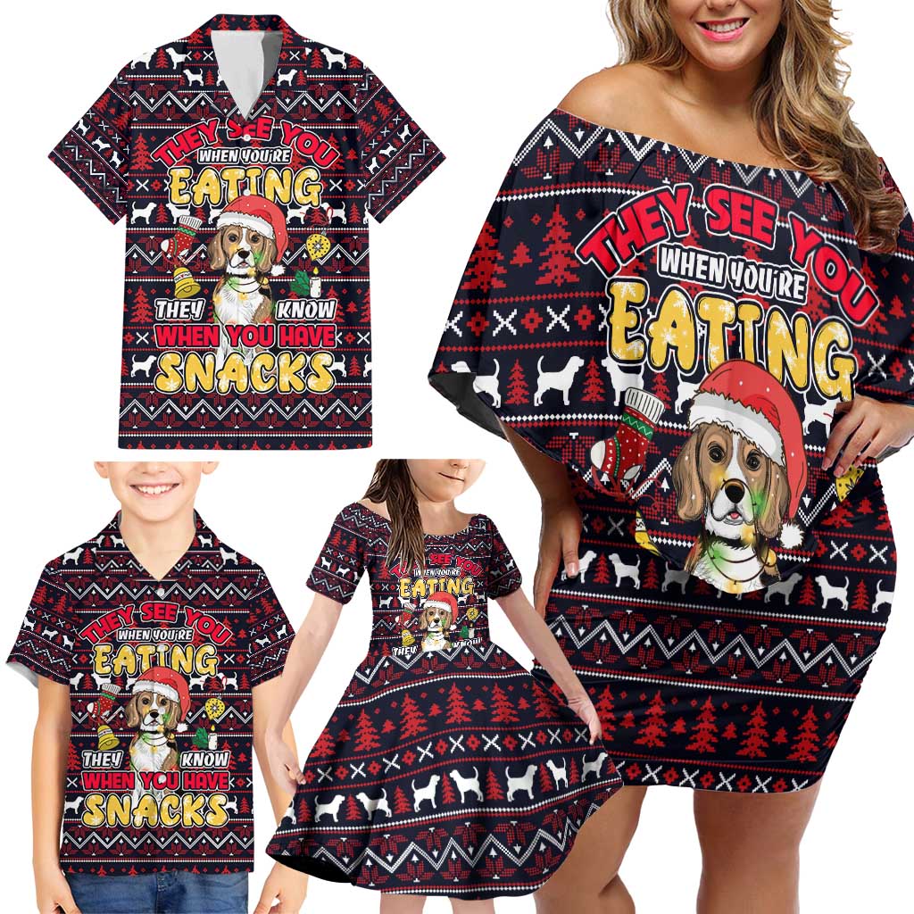 Beagle Dog They Know When You Have Snacks Christmas Family Matching Off Shoulder Short Dress and Hawaiian Shirt Xmas Holiday Patterns - Wonder Print Shop