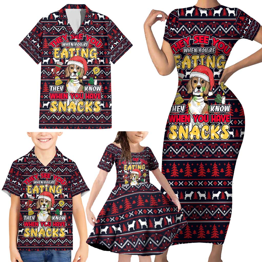 Beagle Dog They Know When You Have Snacks Christmas Family Matching Short Sleeve Bodycon Dress and Hawaiian Shirt Xmas Holiday Patterns - Wonder Print Shop